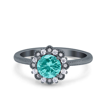 Halo Floral Style Art Deco Round Wedding Engagement Ring Black Tone, Simulated Paraiba Tourmaline CZ 925 Sterling Silver